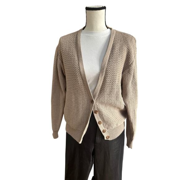 Vintage Sweaters - Vintage Taupe Knit Button-Up Cardigan Women’s Medium – Oversized Slouchy Sweater